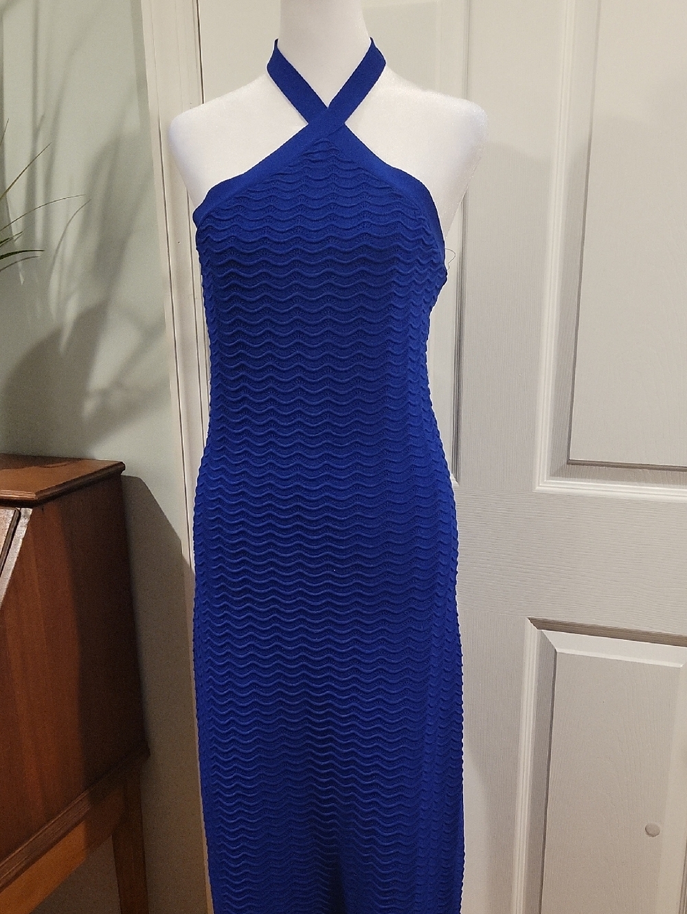 Halter Neck Textured Maxi Dress - Royal Blue